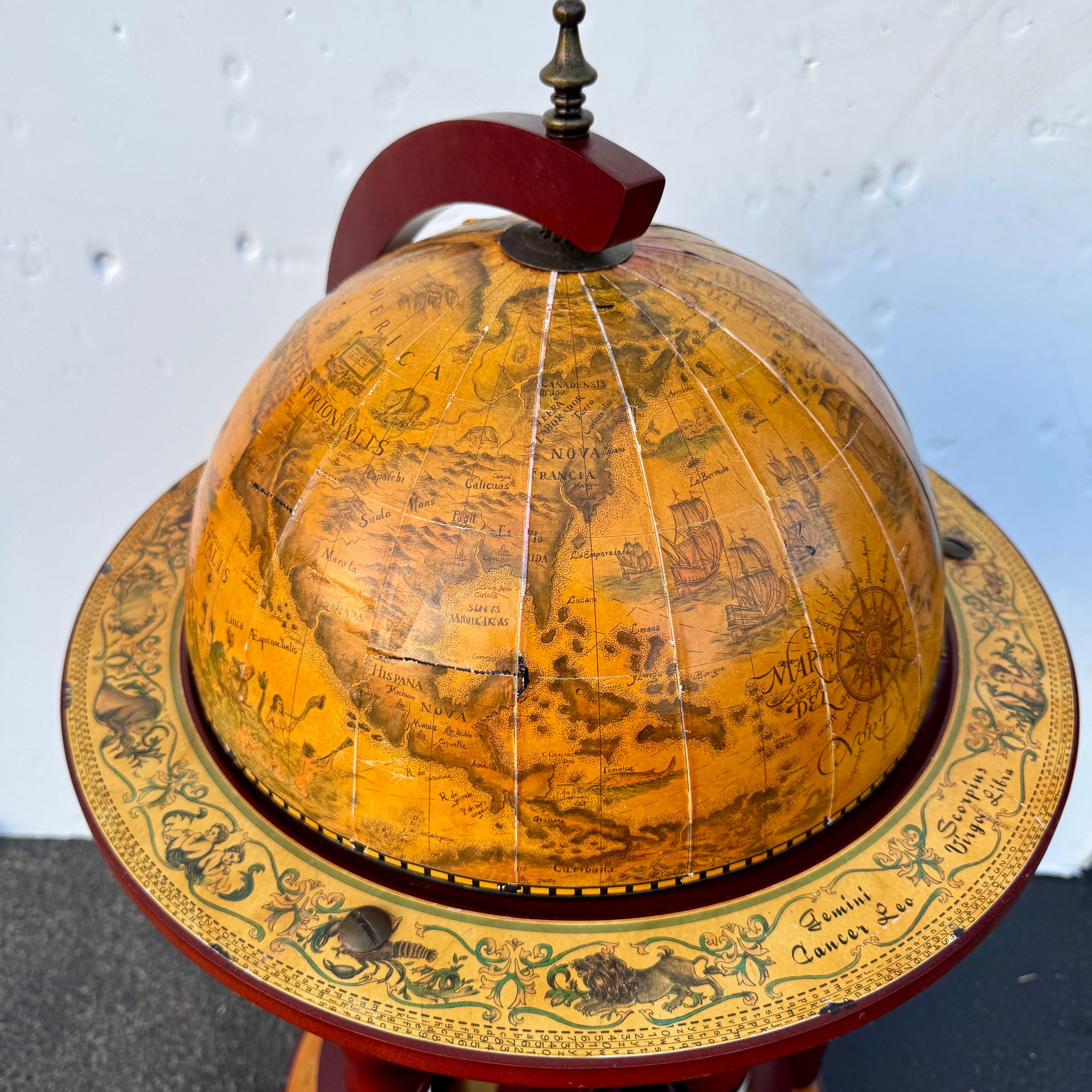Wood Italian Mid-Century Modern Globe Zodiac Bar Cart