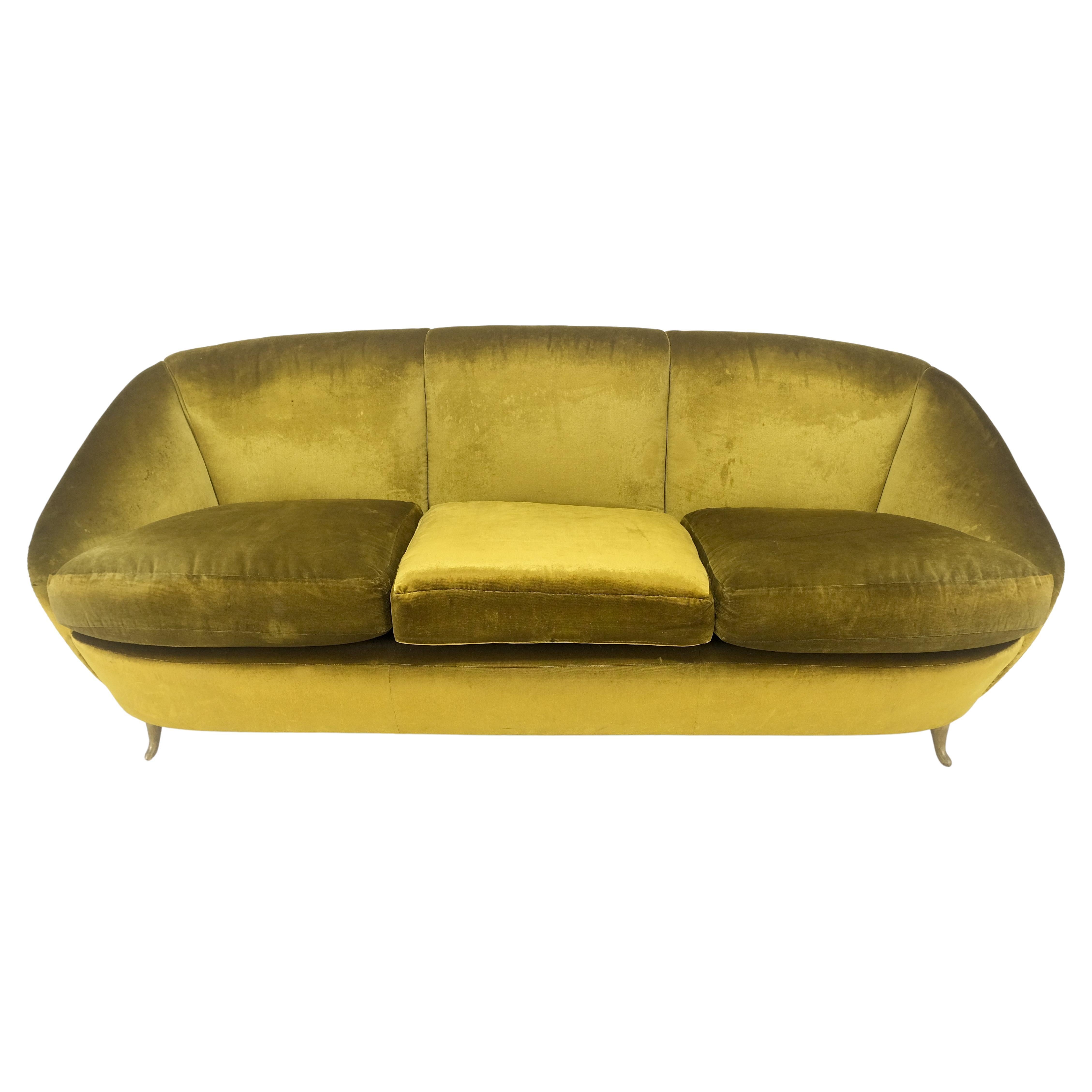 Italian MId Century Modern Gold Velvet Upholstery Cloud Shape Sofa Cast Brass 