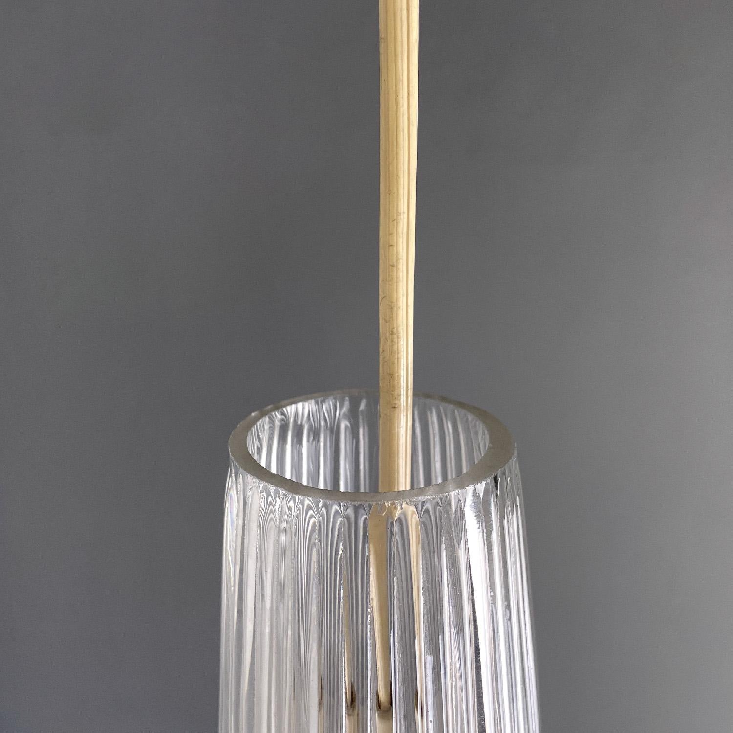 Glass Italian mid-century modern golden plastic and fluted glass chandelier, 1950s For Sale
