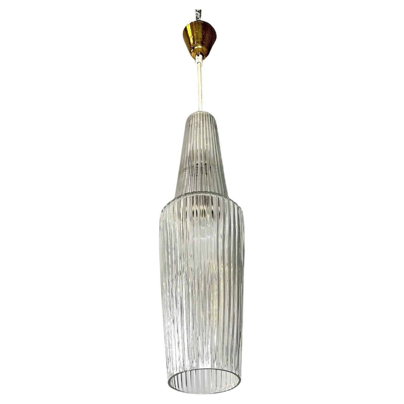 Italian mid-century modern golden plastic and fluted glass chandelier, 1950s For Sale