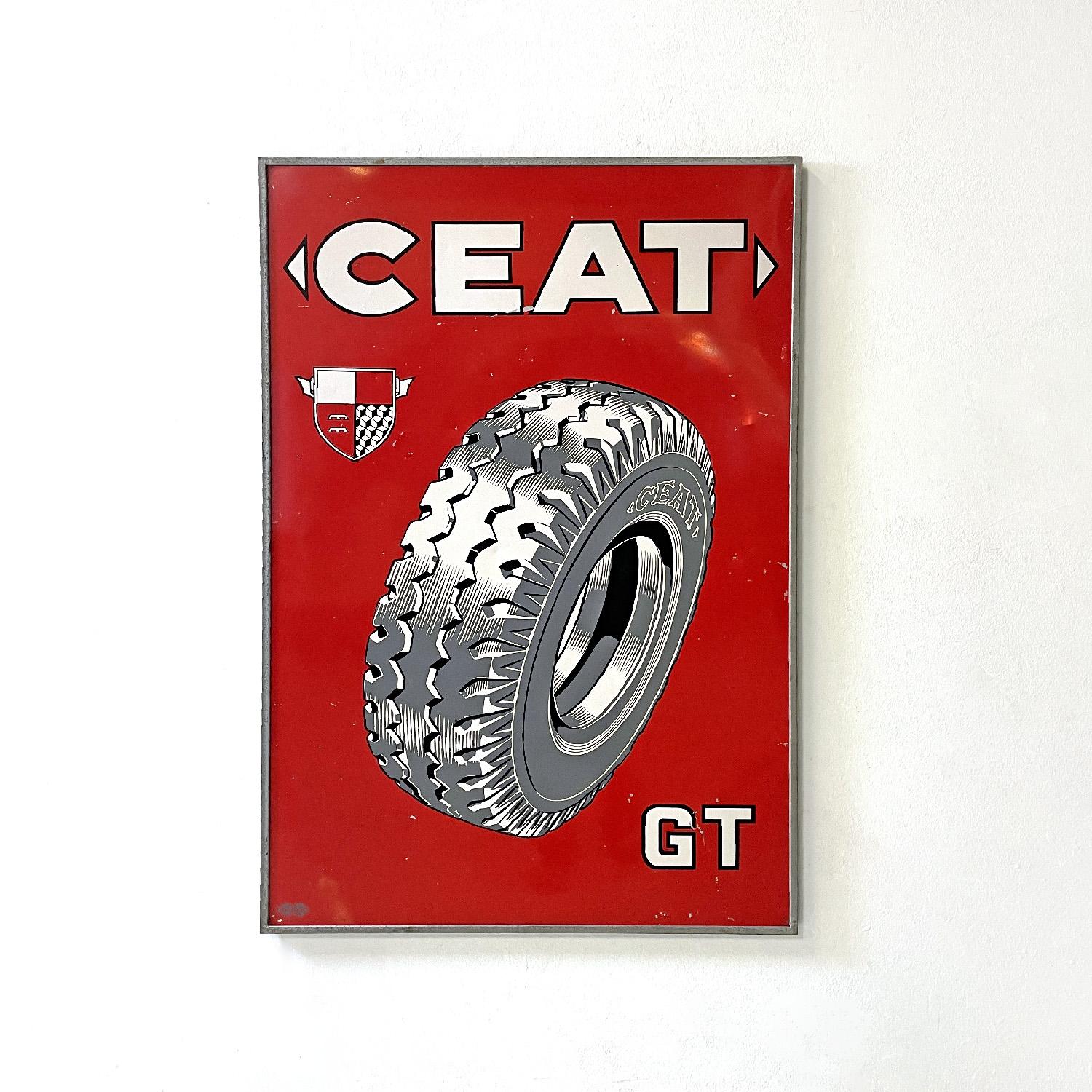 Enseigne publicitaire italienne Ceat à graphisme rouge, milieu du siècle dernier, années 1950
Enseigne ou panneau d'affichage rectangulaire en aluminium. Il s'agit d'un graphique publicitaire de 