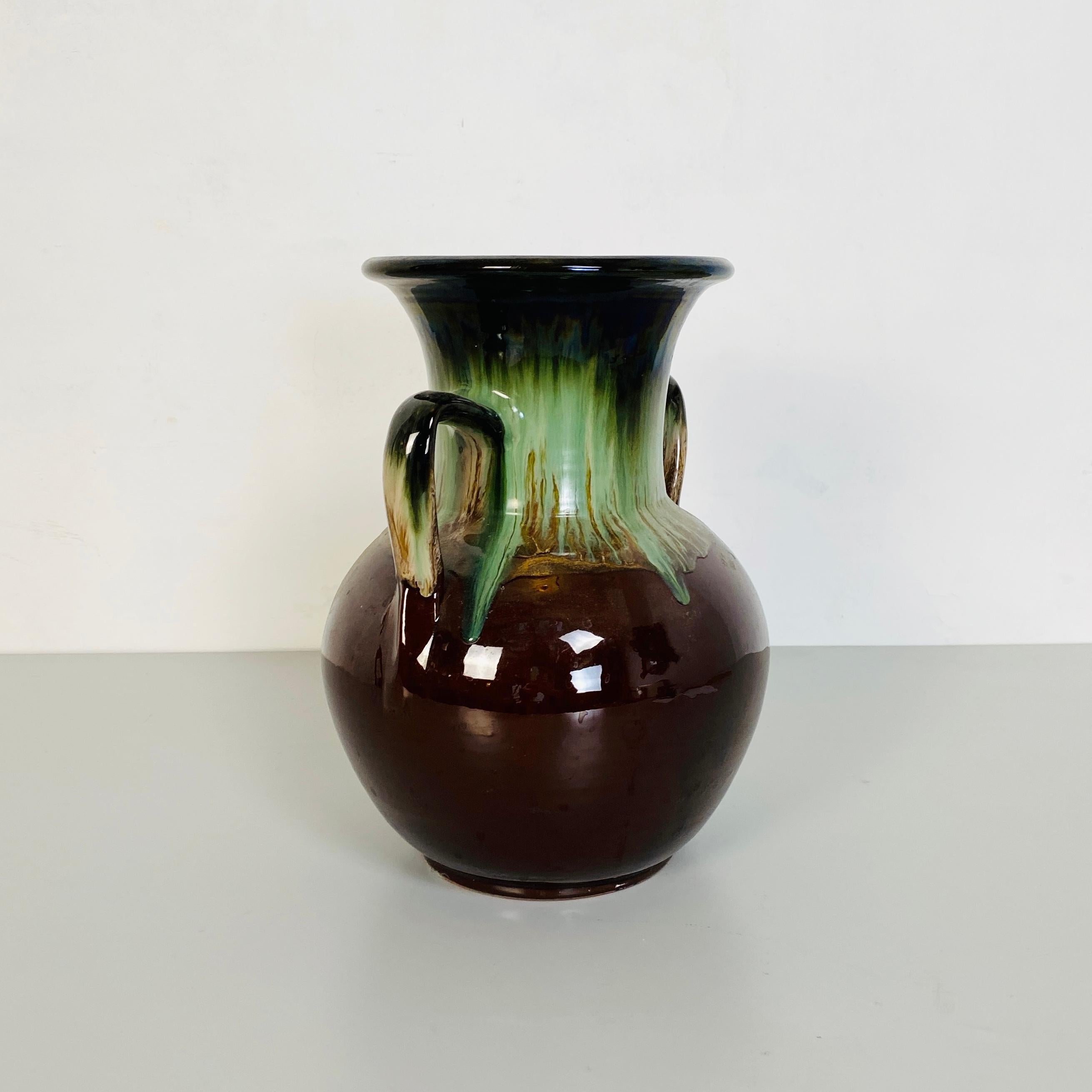 Italian Mid-Century Modern Green and Brown Glazed Ceramic Amphora, 1960s In Good Condition For Sale In MIlano, IT