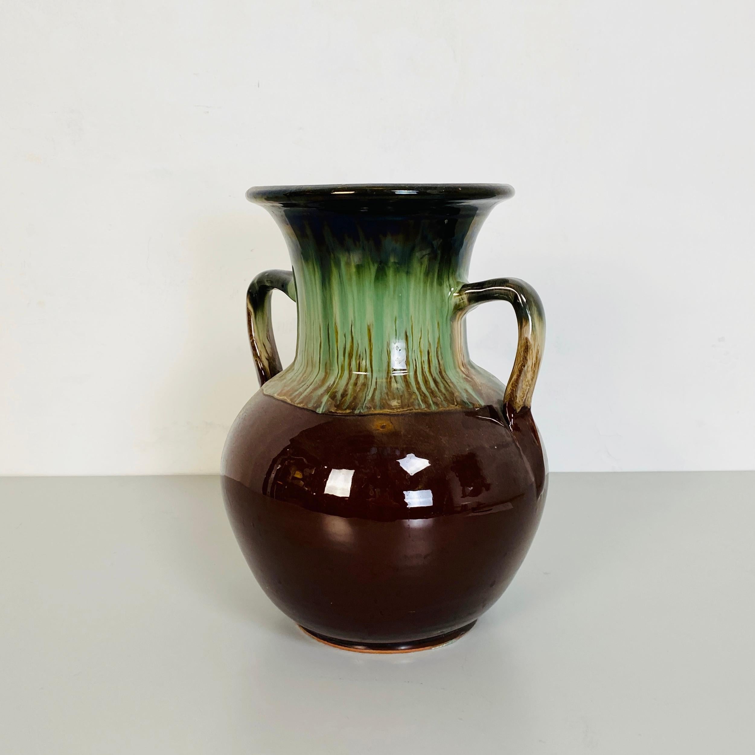 Late 20th Century Italian Mid-Century Modern Green and Brown Glazed Ceramic Amphora, 1960s For Sale