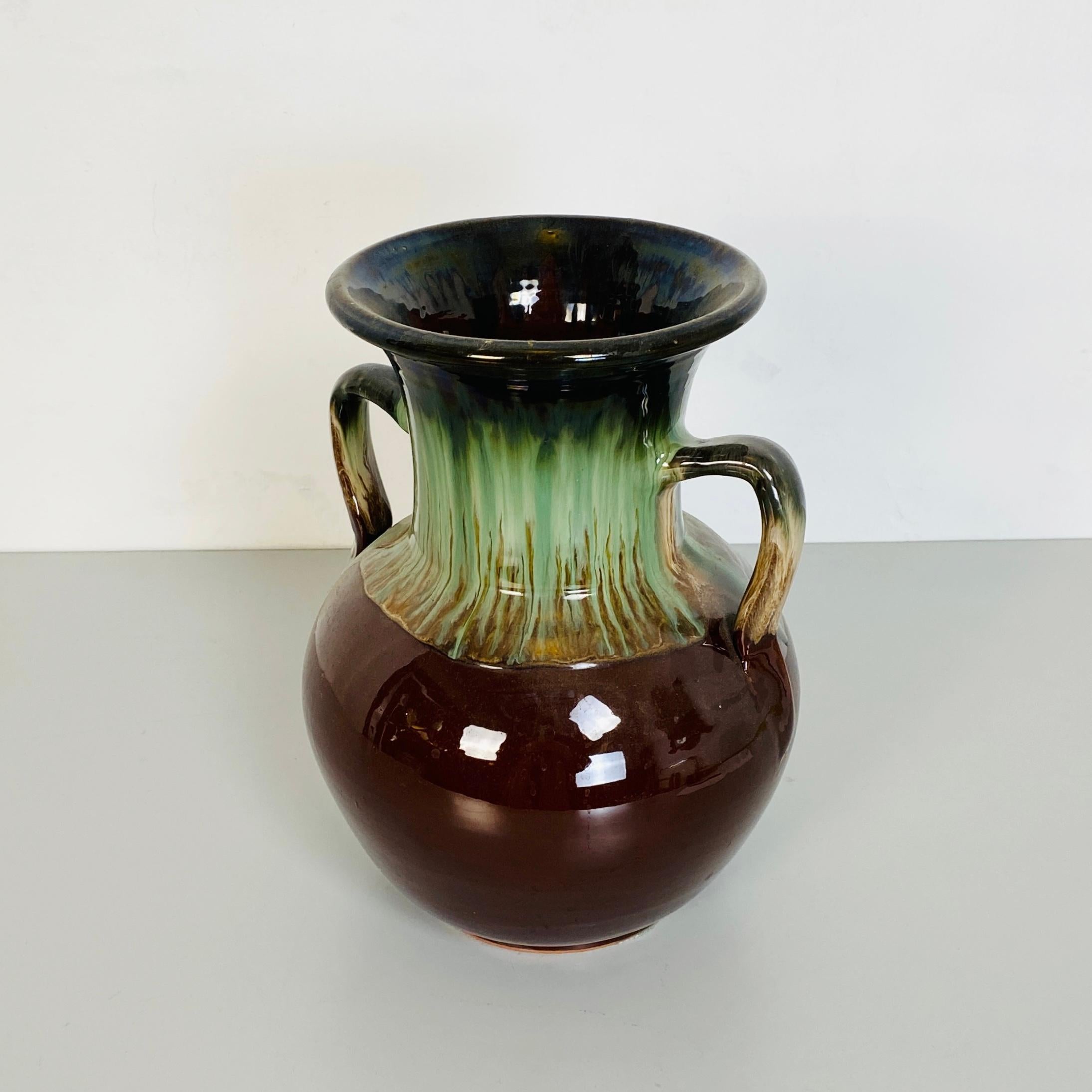 Italian Mid-Century Modern Green and Brown Glazed Ceramic Amphora, 1960s For Sale 1