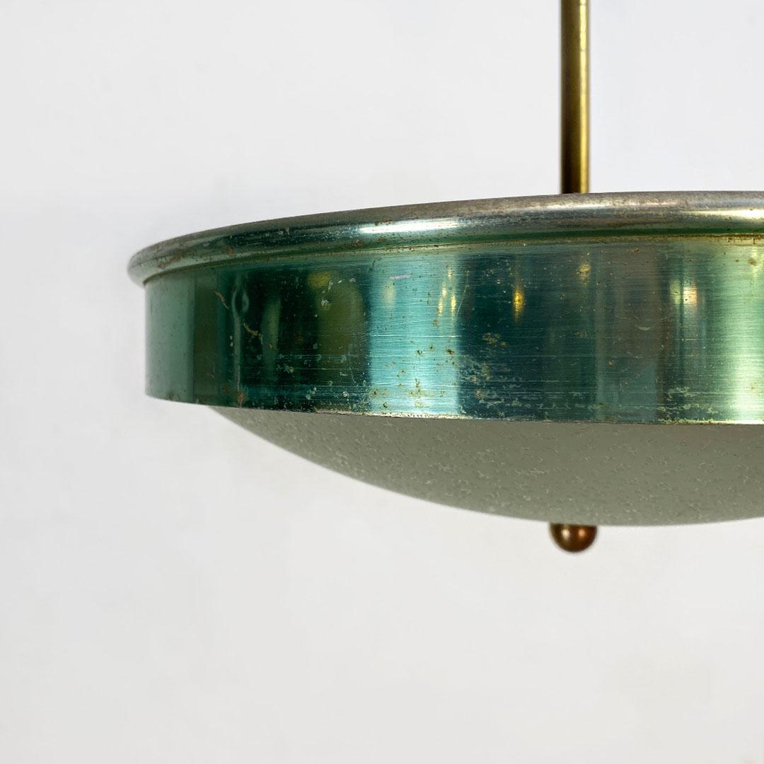 Italian Mid-Century Modern Green Metal, Glass and Brass Chandelier, 1950s For Sale 7