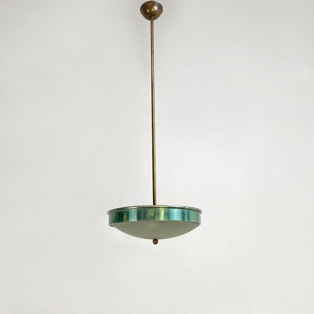 Mid-20th Century Italian Mid-Century Modern Green Metal, Glass and Brass Chandelier, 1950s For Sale