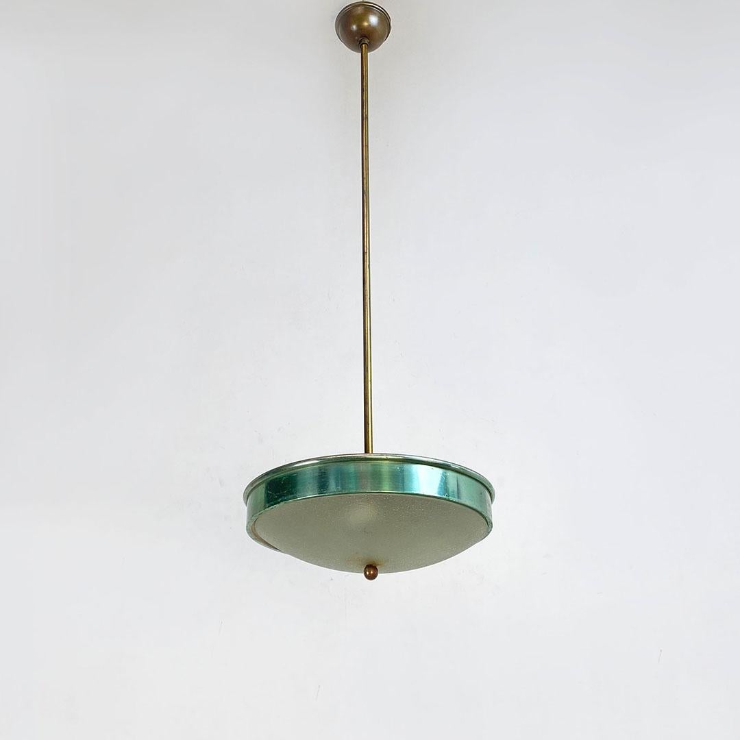 Italian Mid-Century Modern Green Metal, Glass and Brass Chandelier, 1950s For Sale 1