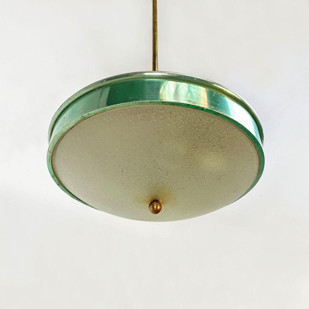 Italian Mid-Century Modern Green Metal, Glass and Brass Chandelier, 1950s For Sale 2