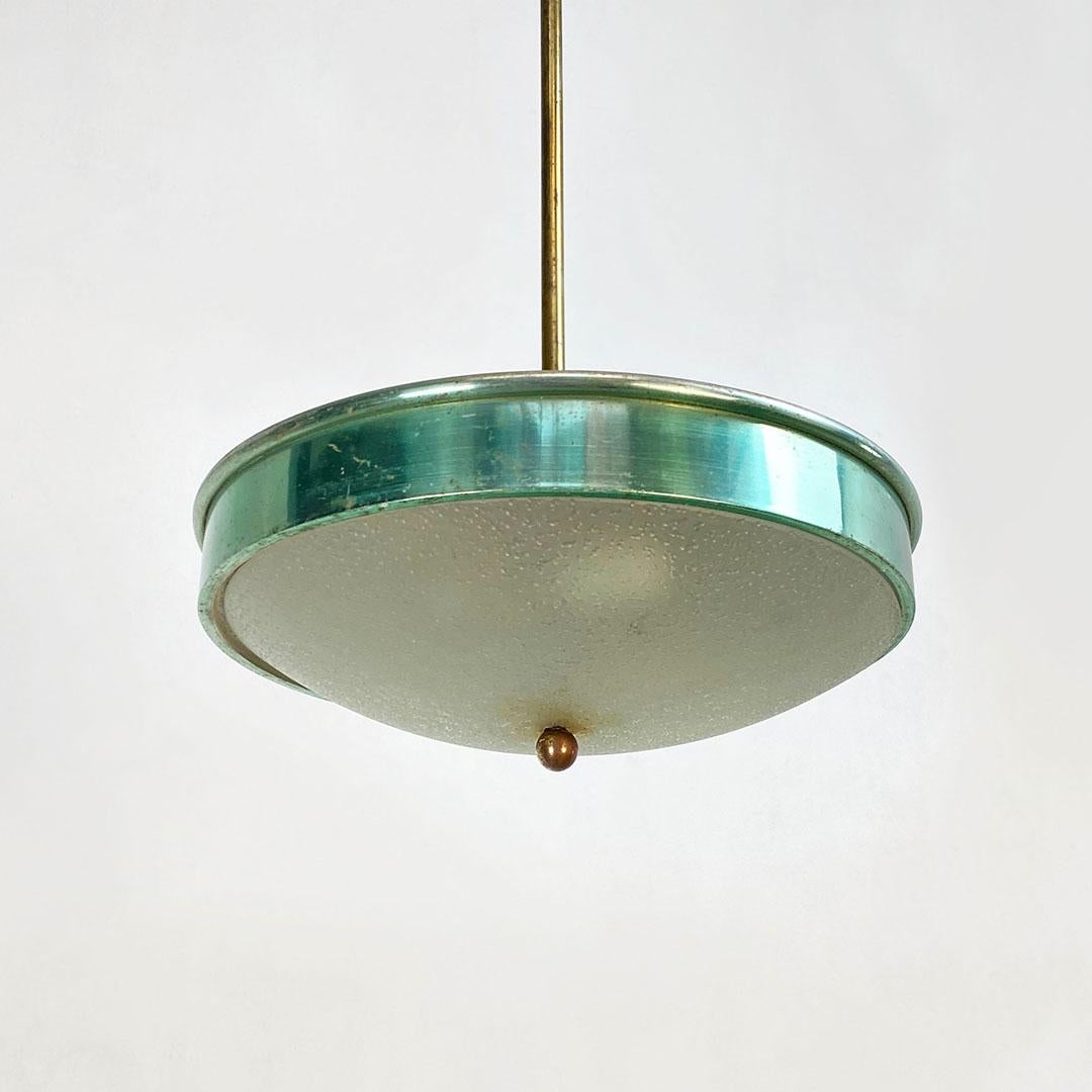 Italian Mid-Century Modern Green Metal, Glass and Brass Chandelier, 1950s For Sale 3