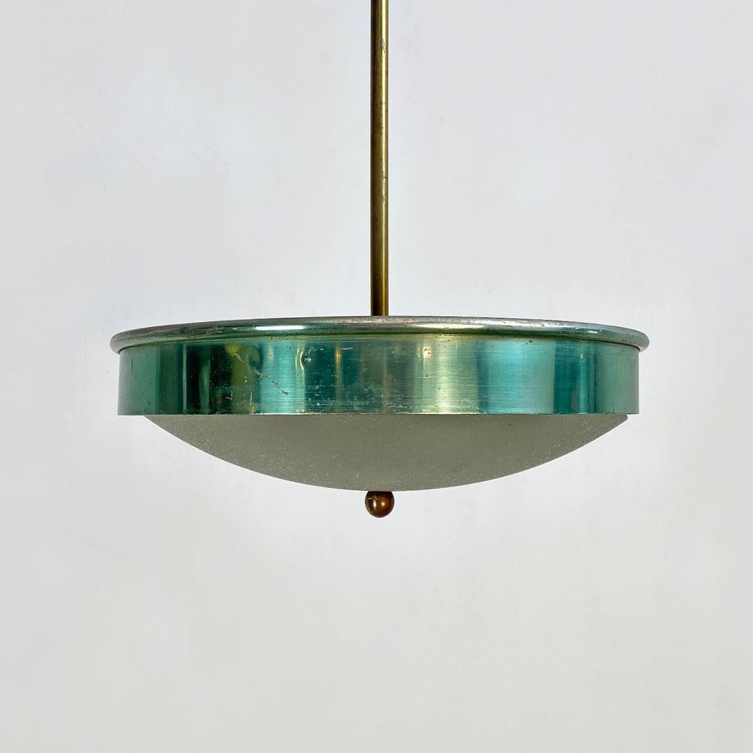 Italian Mid-Century Modern Green Metal, Glass and Brass Chandelier, 1950s For Sale 4