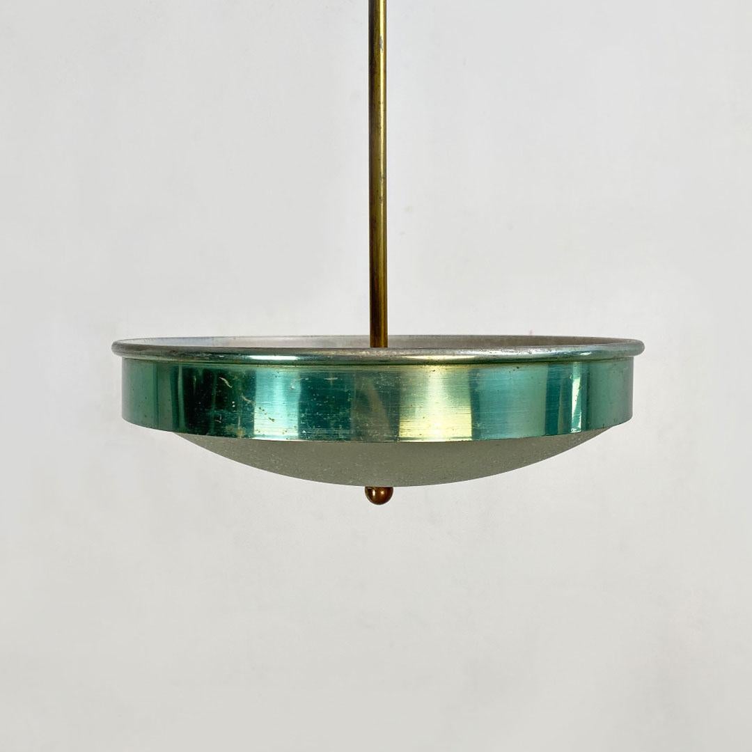Italian Mid-Century Modern Green Metal, Glass and Brass Chandelier, 1950s For Sale 5