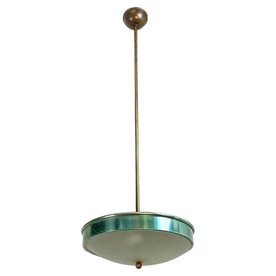 Italian Mid-Century Modern Green Metal, Glass and Brass Chandelier, 1950s For Sale