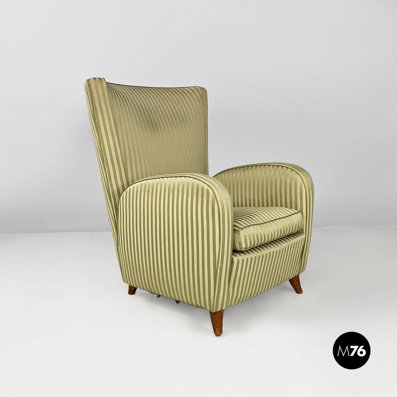 Mid-Century Modern Italian mid century modern green silk bergère armchair with wooden legs, 1950s