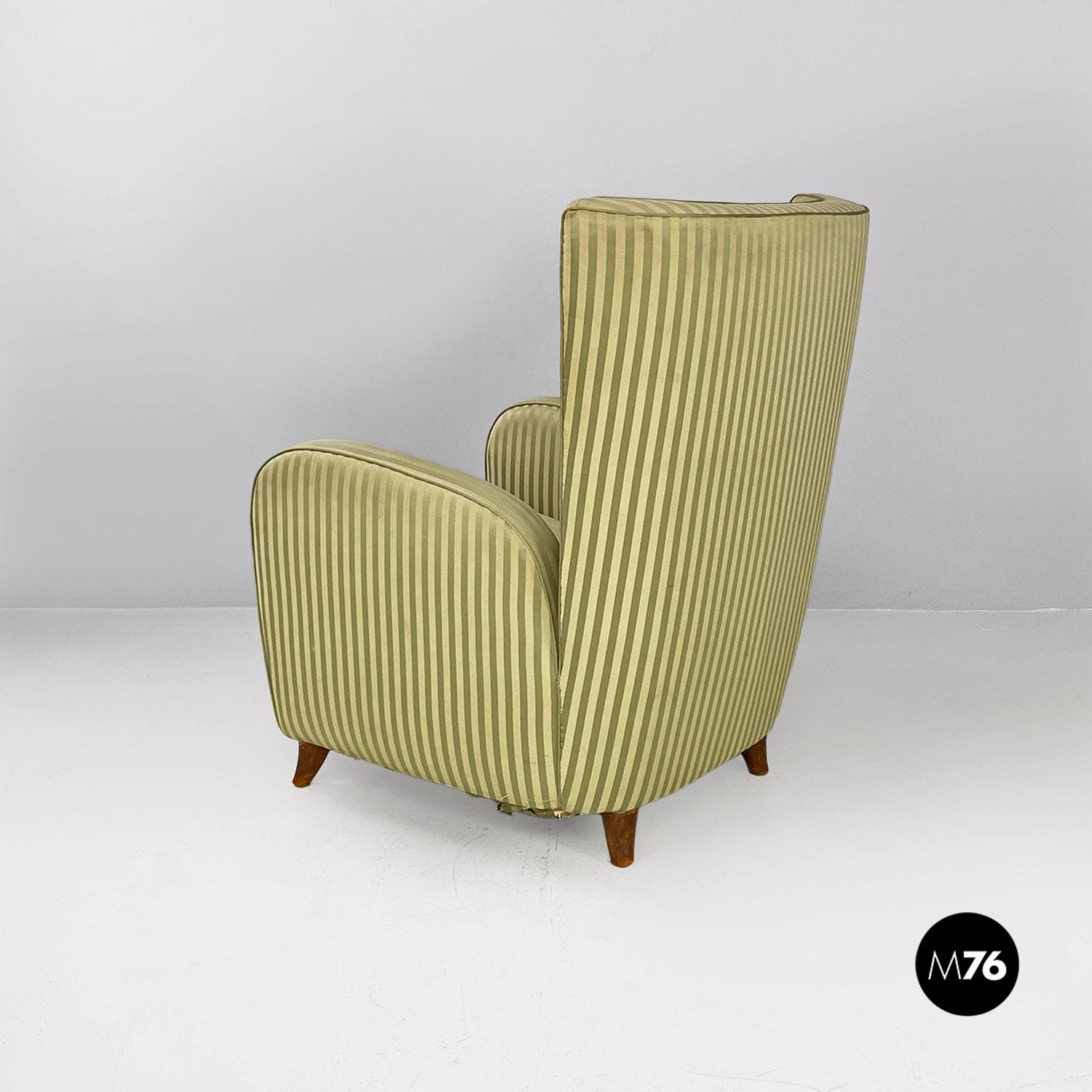 Silk Italian mid century modern green silk bergère armchair with wooden legs, 1950s