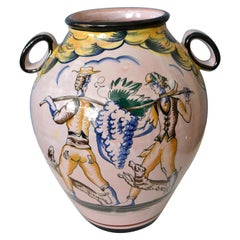 Retro Italian Mid-Century Modern Hand Painted Terracotta Vase, Vessel with Handles