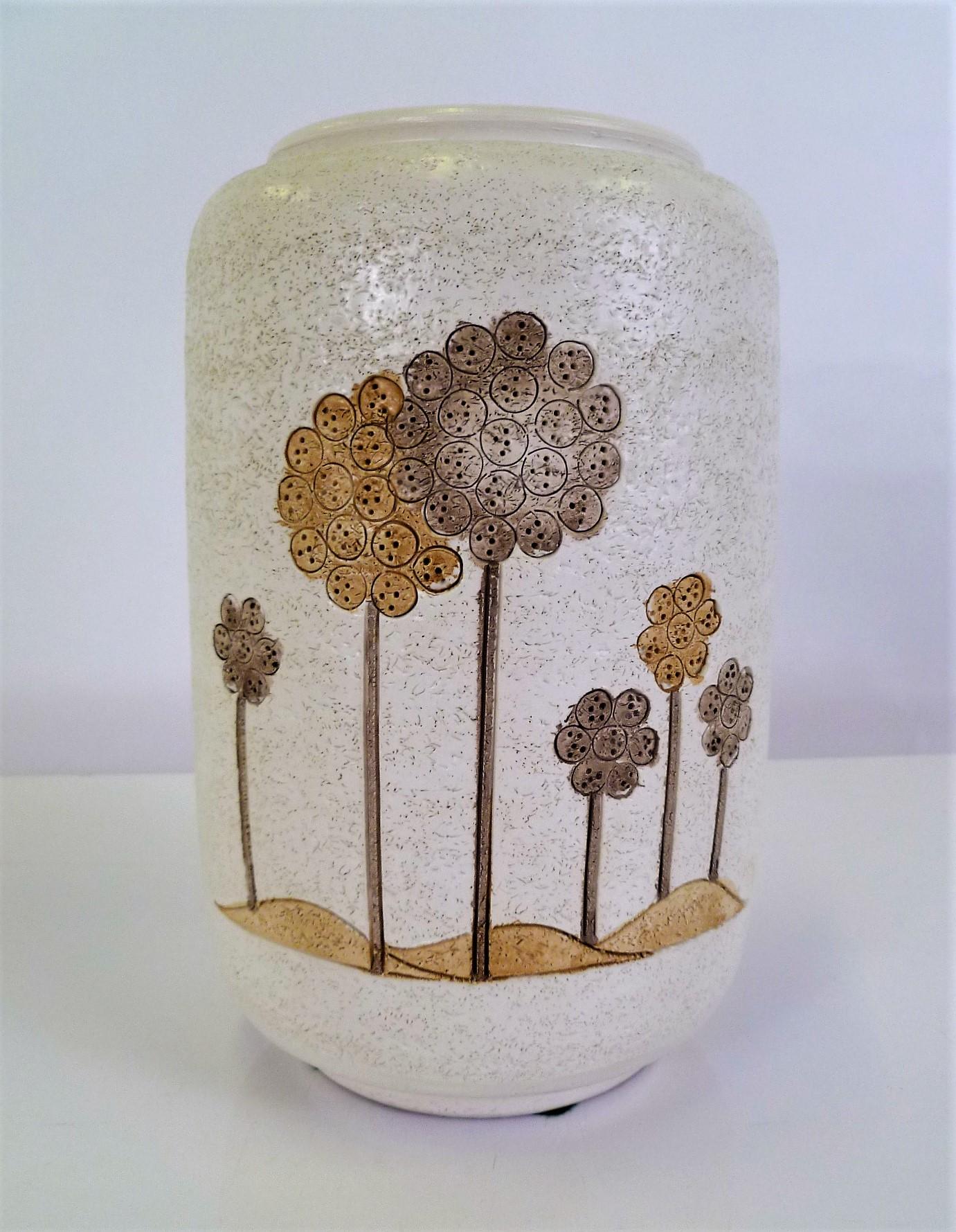 Late 1960s-early 1970s Italian modern hand thrown ceramic vase with a light textured finish. More than likely produced by Ceramiche Campione (1950-1974) for New York retailer, Ardalt. The decoration is very 1960s with stylized trees or long stem