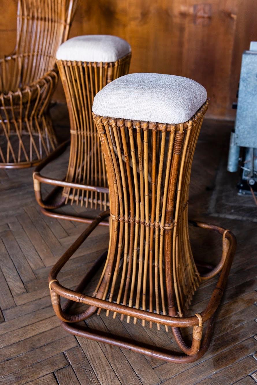 Tabourets de bar d'extérieur en rotin fabriqués à la main par Tito Agnoli, Italie, années 1960 1