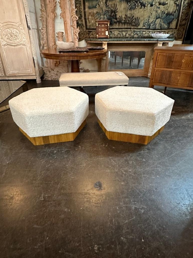 Stylish Italian Mid-Century Modern style hexagonal style bamboo and Boucle ottomans. Creates a designer look! Note:These are sold seperately