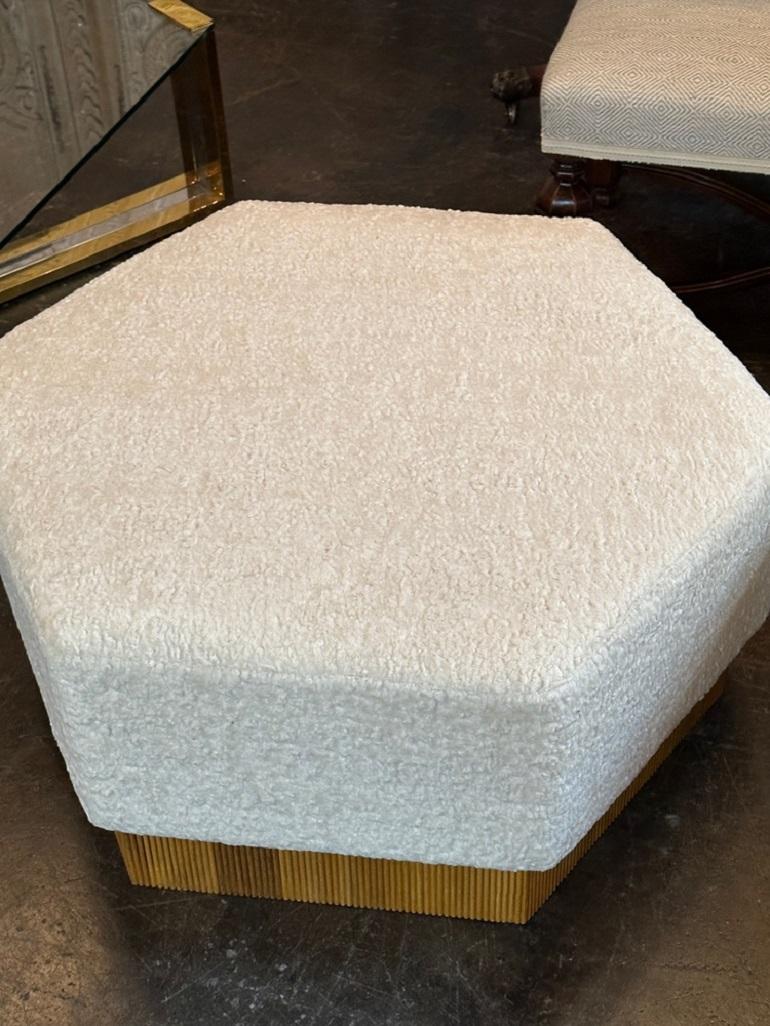 Contemporary Italian Mid-Century Modern Hex Bamboo and Boucle Ottomans For Sale