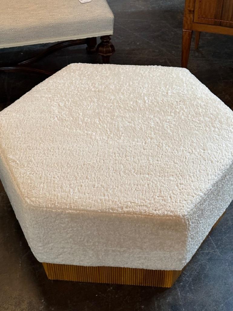 Fabric Italian Mid-Century Modern Hex Bamboo and Boucle Ottomans For Sale