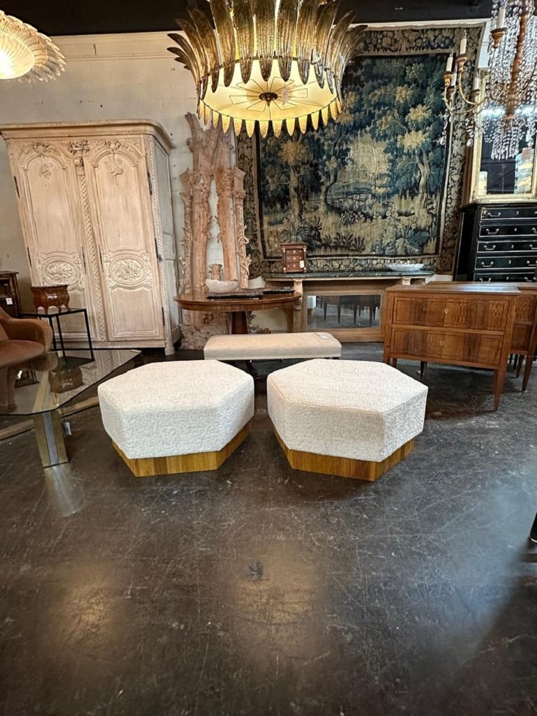 Italian Mid-Century Modern Hex Bamboo and Boucle Ottomans For Sale 1