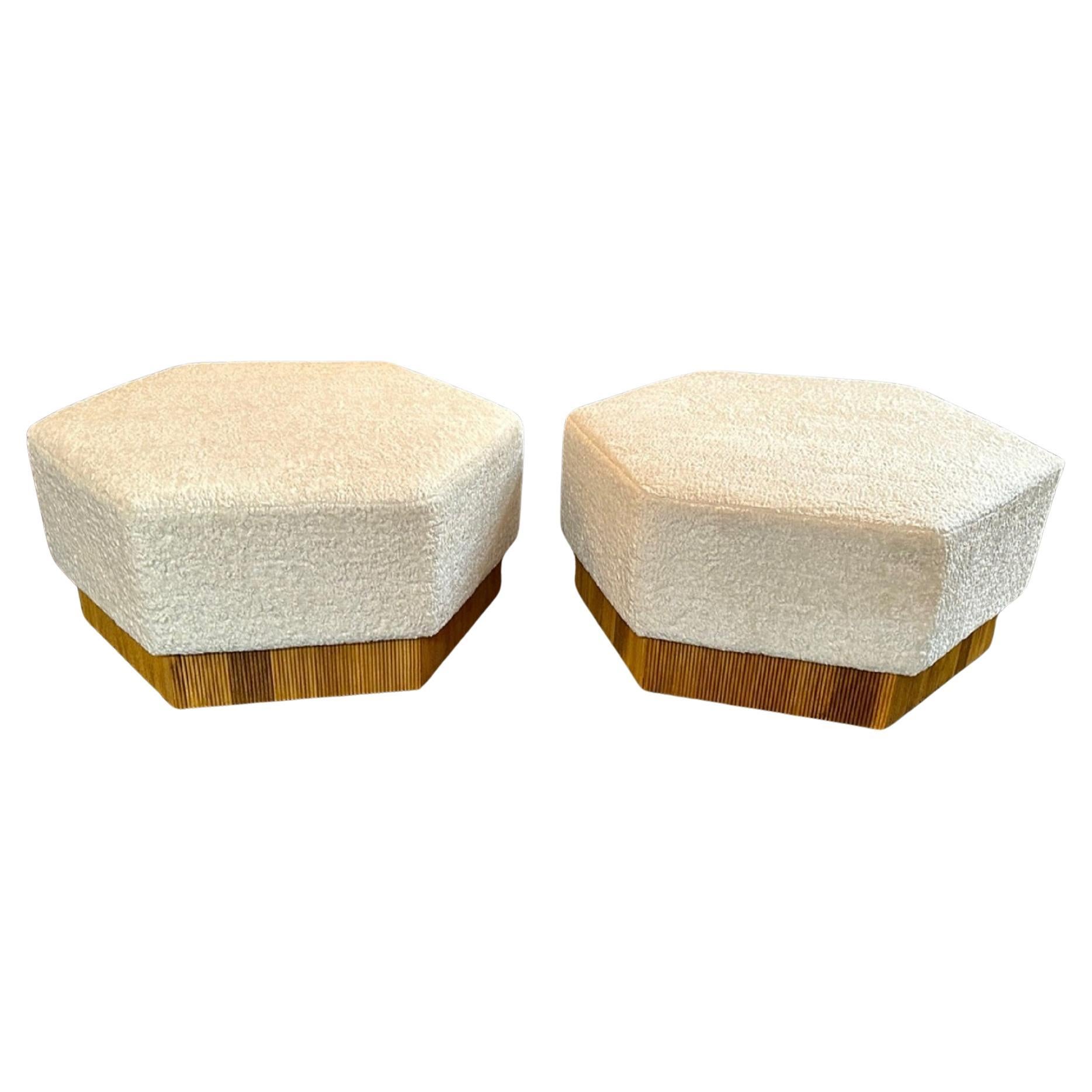 Italian Mid-Century Modern Hex Bamboo and Boucle Ottomans For Sale