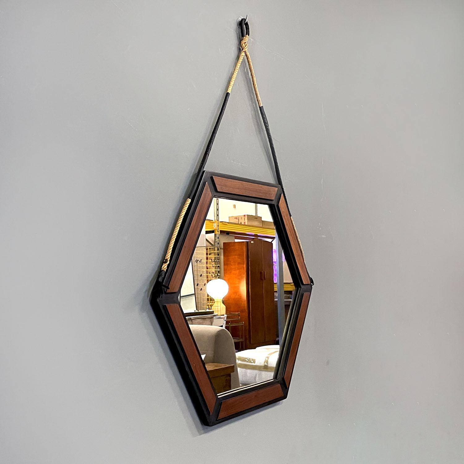 Mid-Century Modern Italian mid-century modern hexagonal wooden wall mirror with rope, 1960s For Sale