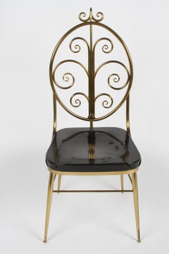 Italian Mid-Century Modern High Style Brass Scroll Desk or Side Chair Black Seat