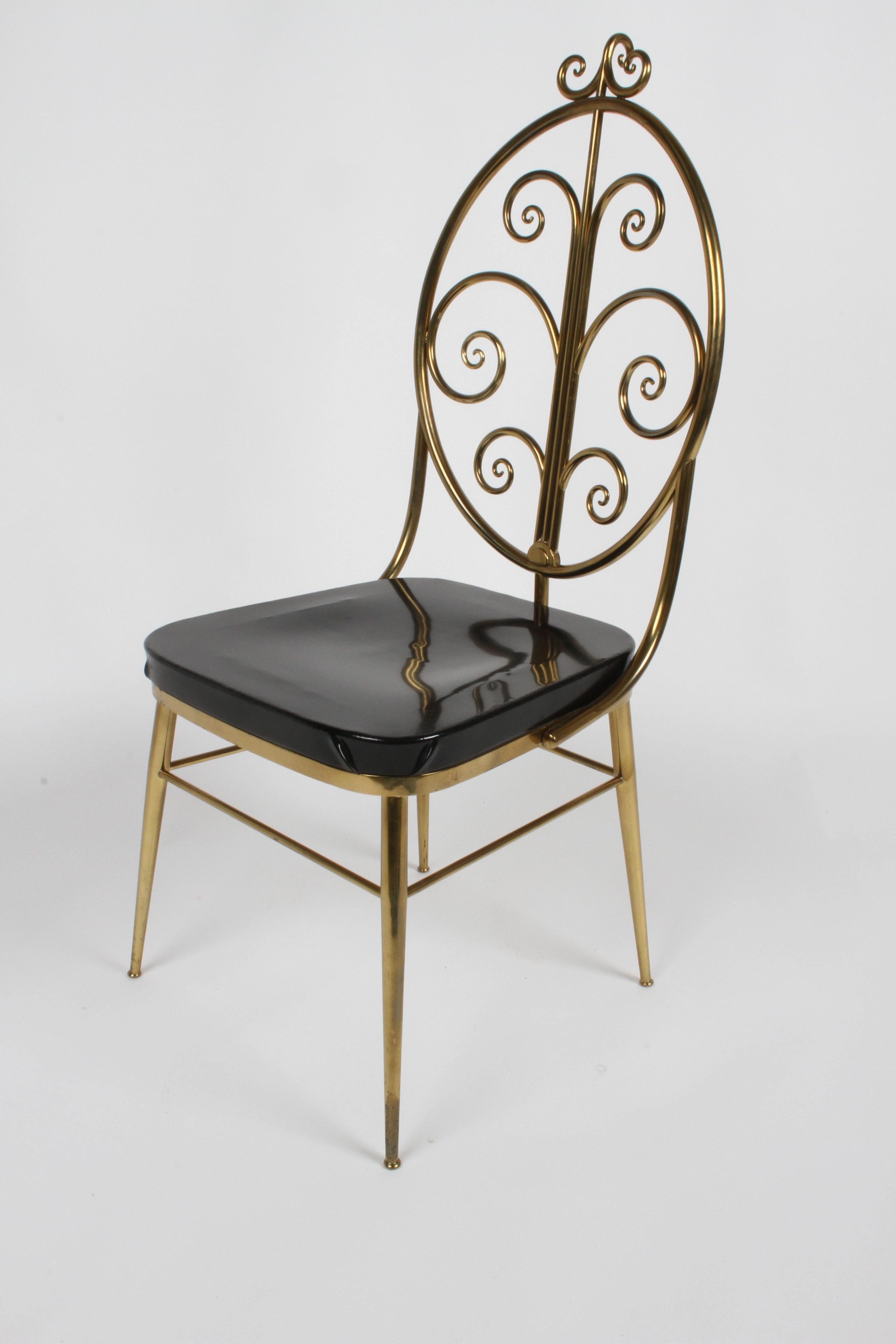 European Italian Mid-Century Modern High Style Brass Scroll Desk or Side Chair Black Seat For Sale
