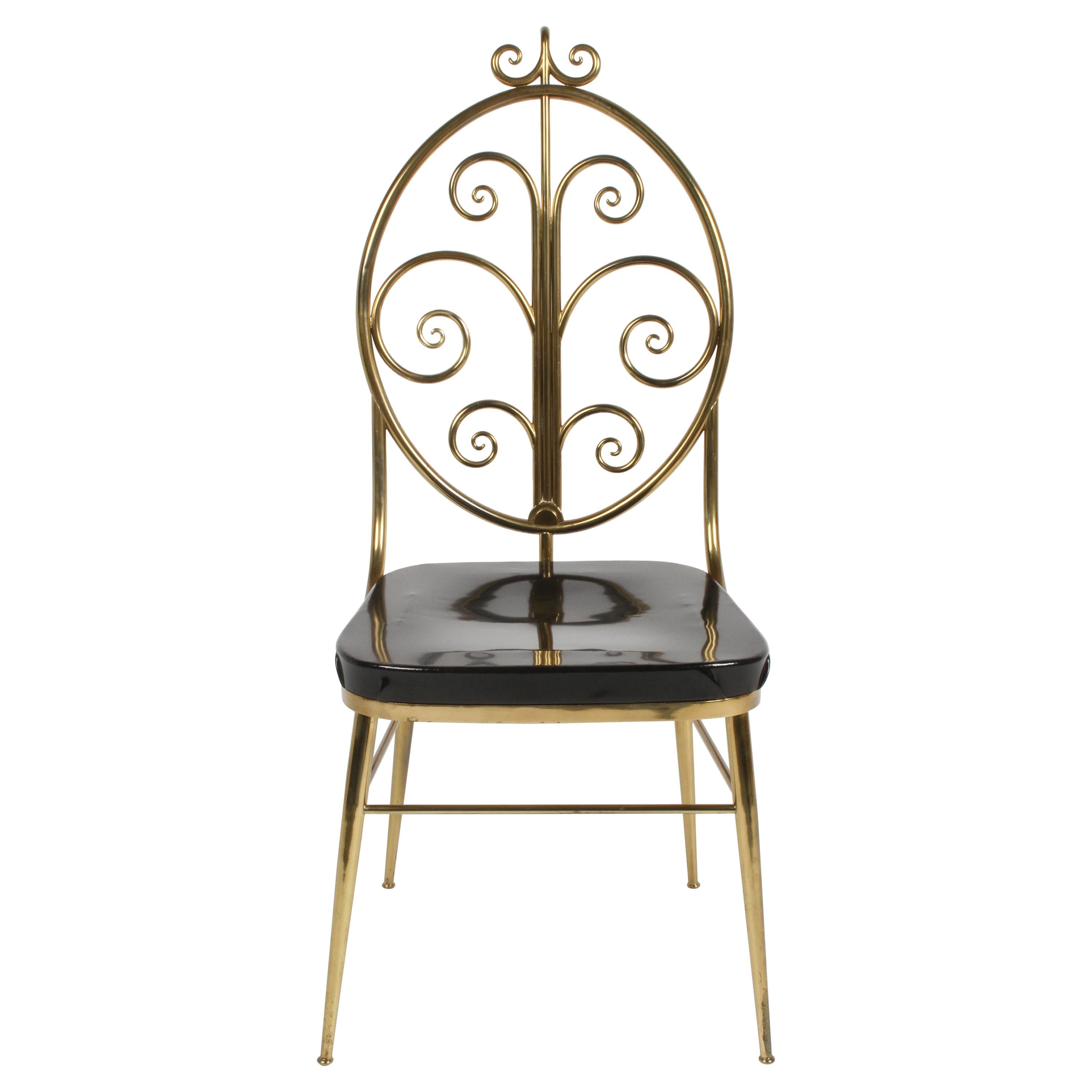 Italian Mid-Century Modern High Style Brass Scroll Desk or Side Chair Black Seat
