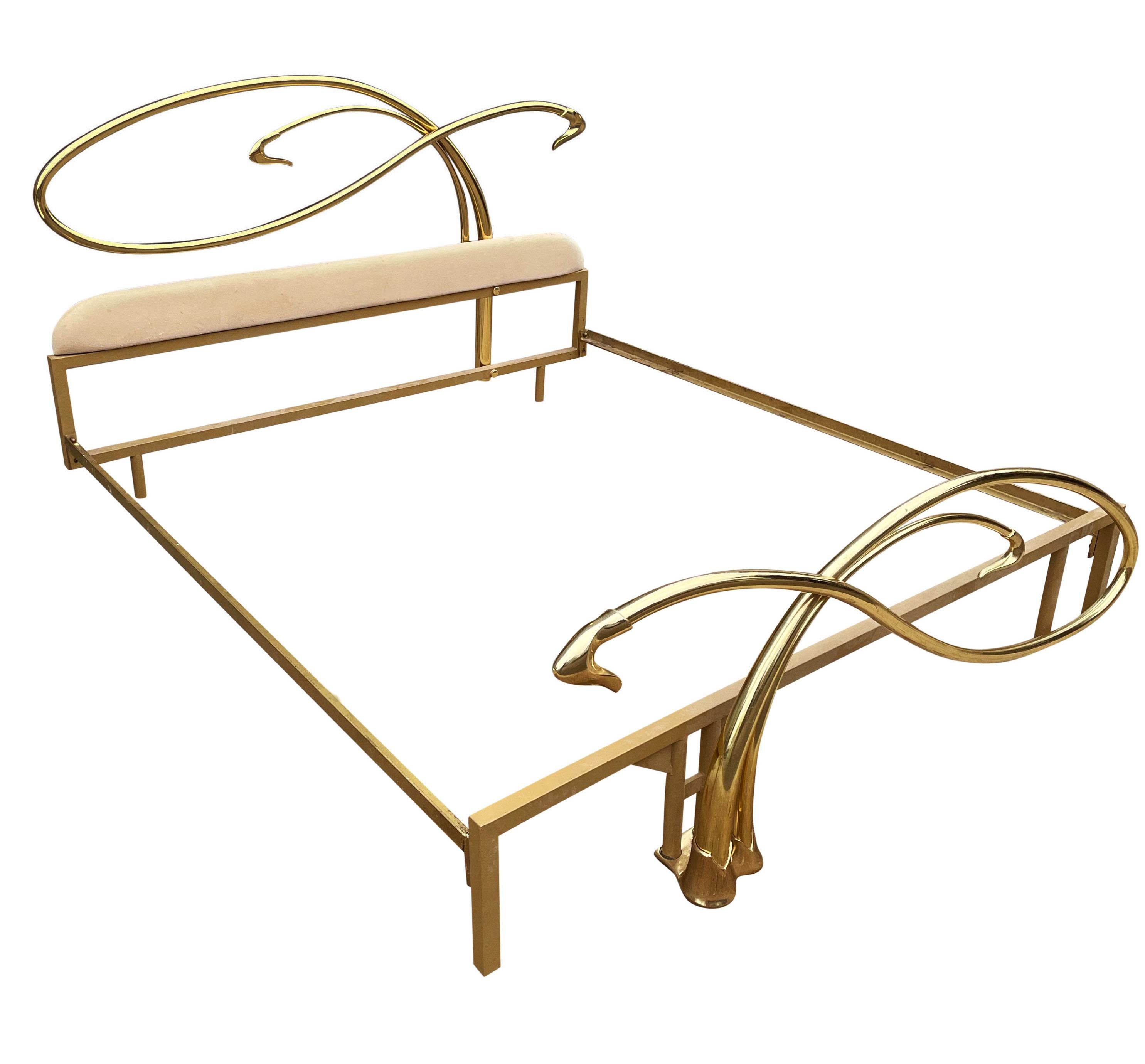 A touch of glam from the 1970s. A stunning brass king size bed with headboard, footboard, and side rails. This heavy duty brass bed was imported from Italy, circa 1970s.