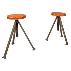 Italian mid-century modern industrial adjustable stools in wood and metal, 1960s