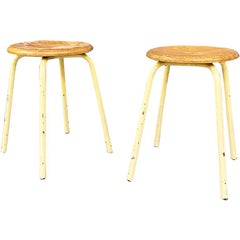 Italian Mid-Century Modern Industrial Metal and Wooden Stools, 1960s Italian Mid-Century Modern Industrial Metal and Wooden Stools, 1960s
