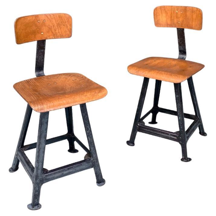 Italian Mid-Century Modern Iron and Wood Industrial Pair of Stools, 1960s