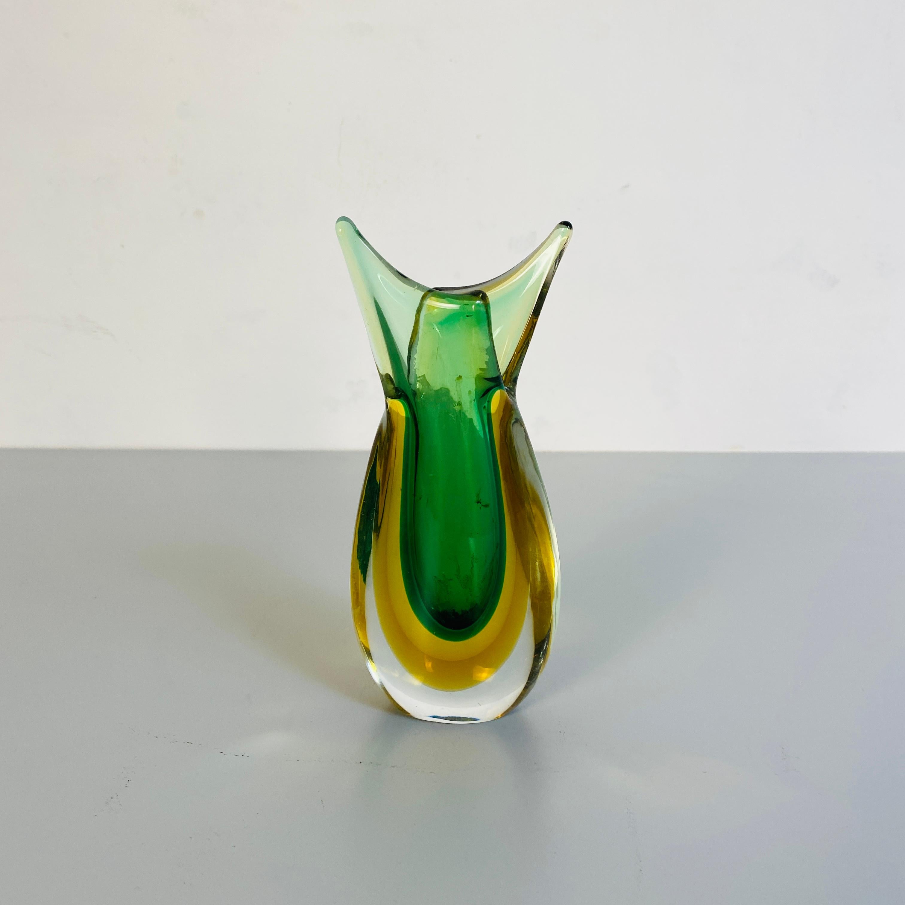 Late 20th Century Italian Mid-Century Modern Irregular Murano Glass Vase, Green and Yellow, 1970s