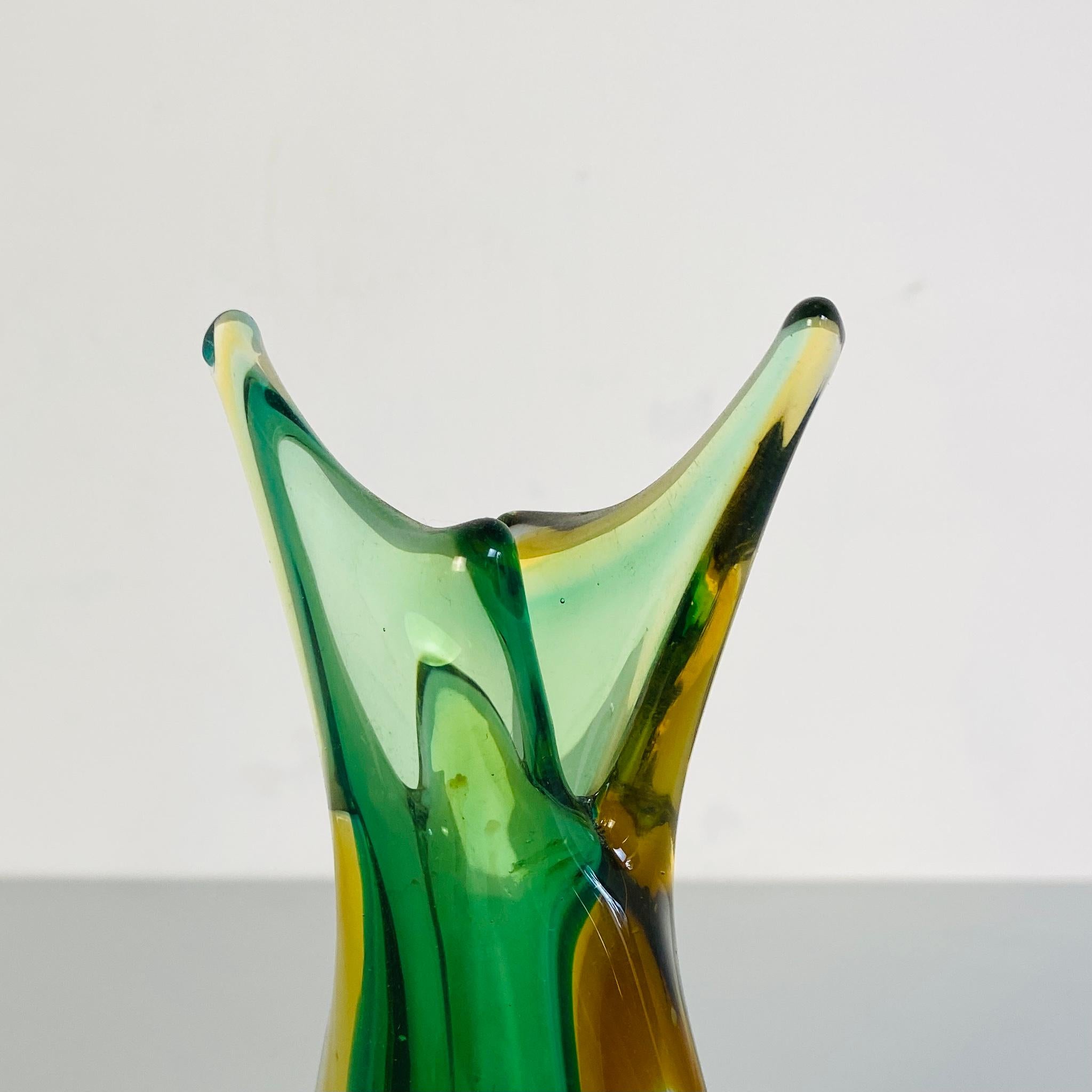 Italian Mid-Century Modern Irregular Murano Glass Vase, Green and Yellow, 1970s 1