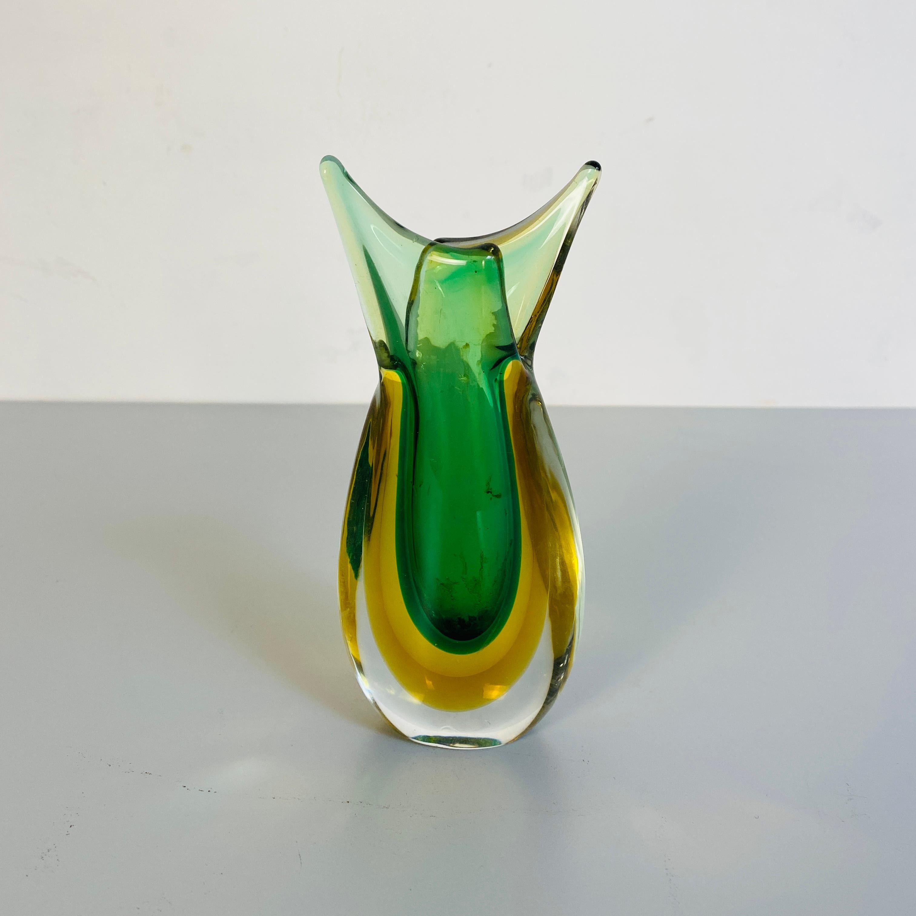 Italian Mid-Century Modern Irregular Murano Glass Vase, Green and Yellow, 1970s 2