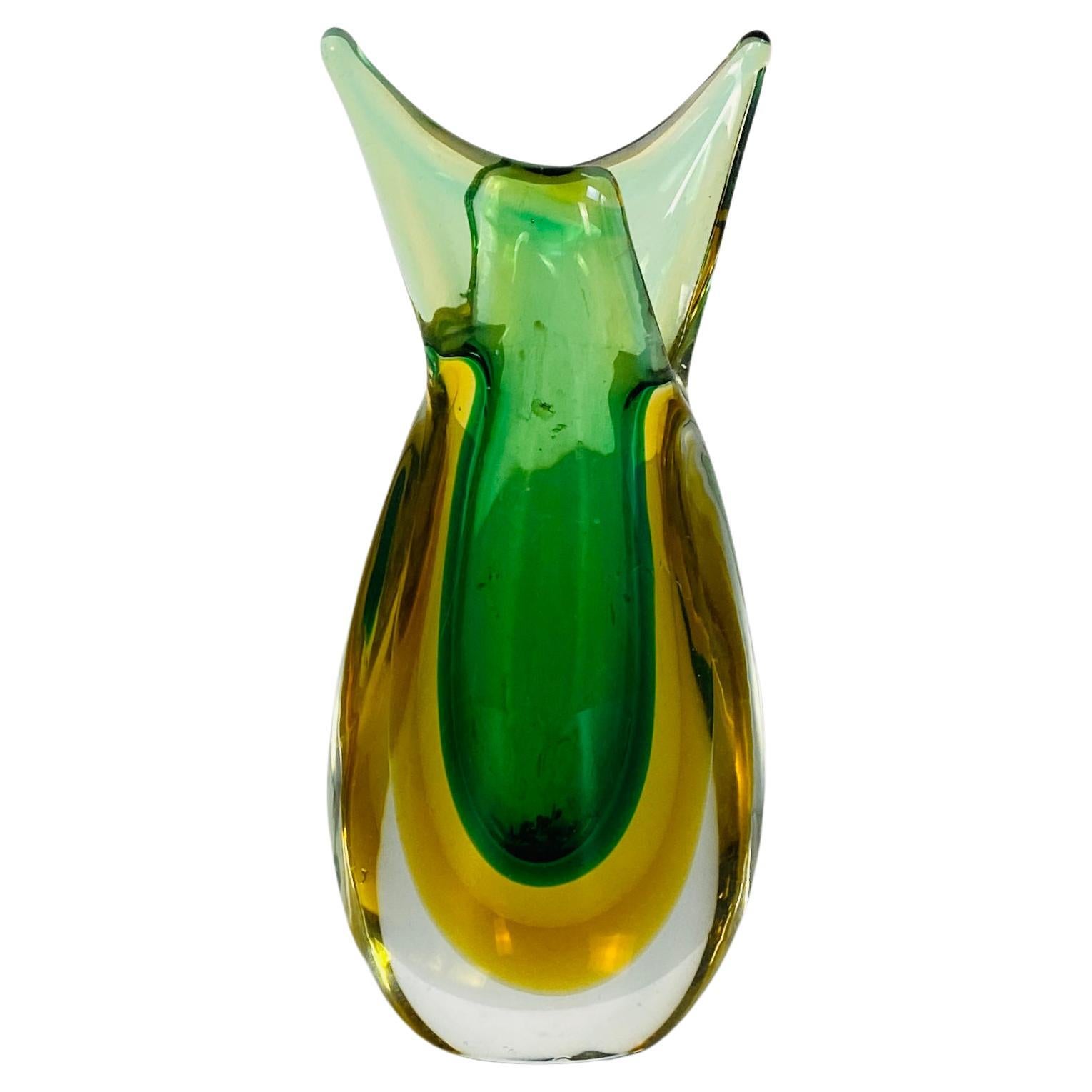 Italian Mid-Century Modern Irregular Murano Glass Vase, Green and Yellow, 1970s