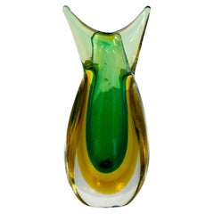 Italian Mid-Century Modern Irregular Murano Glass Vase, Green and Yellow, 1970s