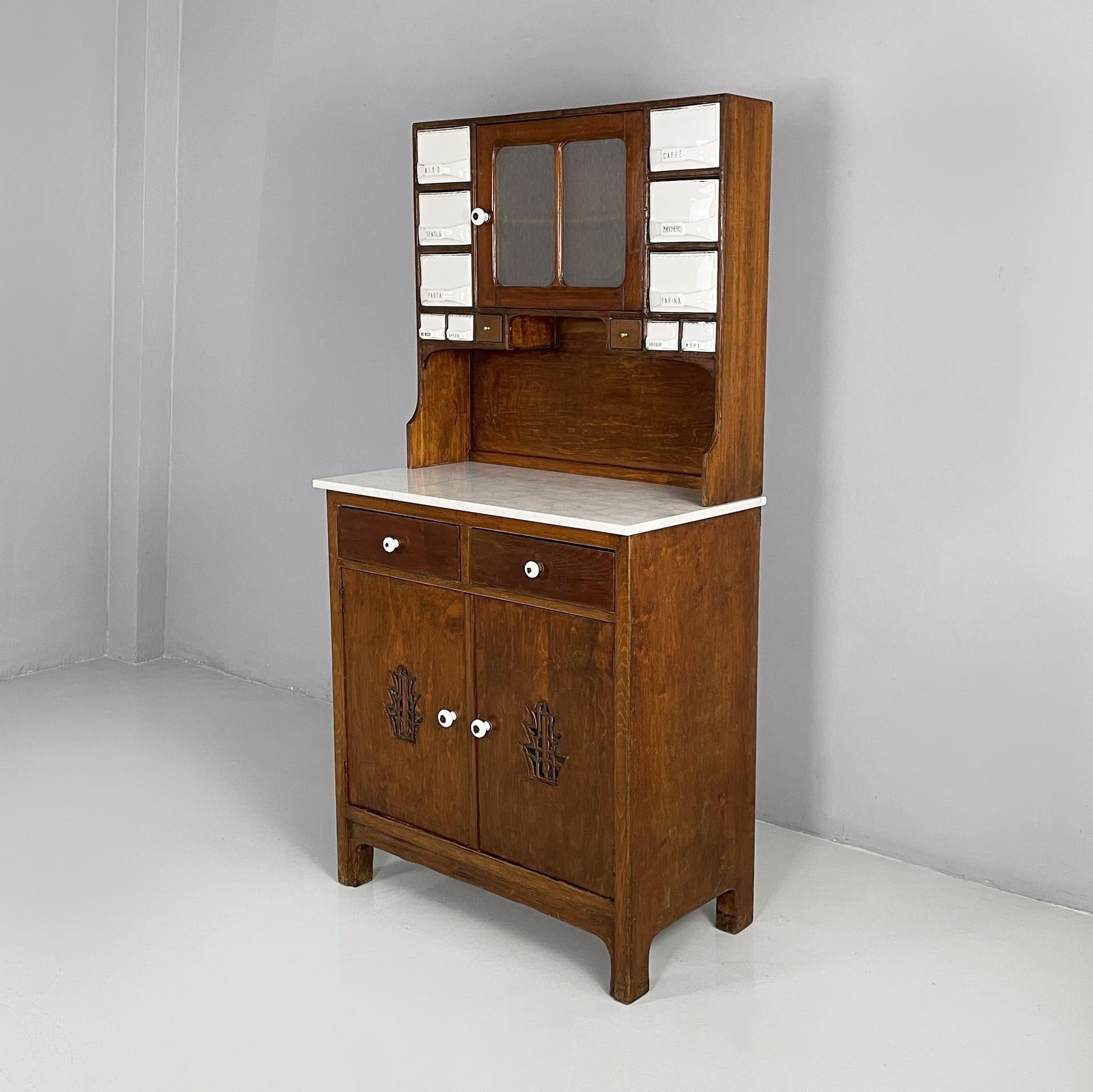 Credenza da cucina italiana di metà secolo in legno, marmo e ceramica, anni 
30 in vendita