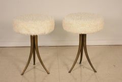 Italian Mid-Century Modern Lambswool and Brass Stools, 1960's