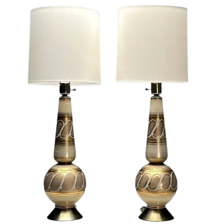 Moderna italiana de mediados de siglo, grandes lámparas de mesa, cristal dorado, latón, Italia, años 60
