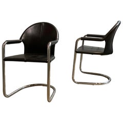 Italian Mid-Century Modern Leather and Chrome Cantilever Armchairs