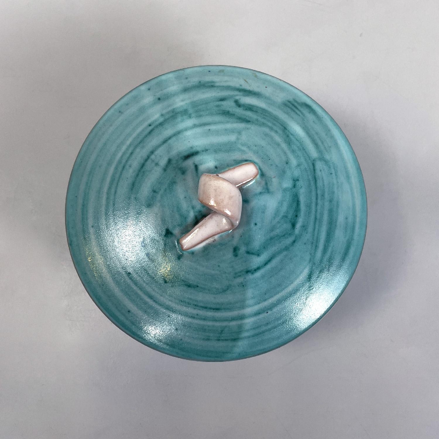 Ceramic Italian modern light blue ceramic bowl by Bruno Gambone, 1970s For Sale