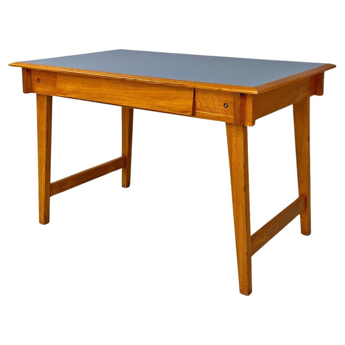 Italian mid century modern light blue laminate solid wood desk with drawer 1960s
