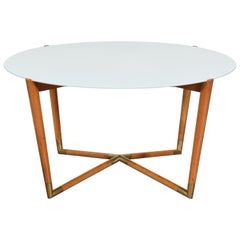 Italian Mid-Century Modern Light Walnut, Brass, and Glass Coffee Table