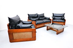 Italian Mid-Century Modern Black Leather Living Room Set, 1970s