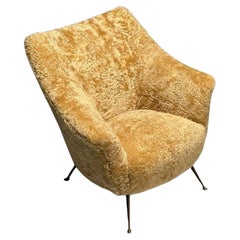 Italian Mid-Century Modern, Lounge Chair, Honey Shearling, Brass, Italy, 1960s