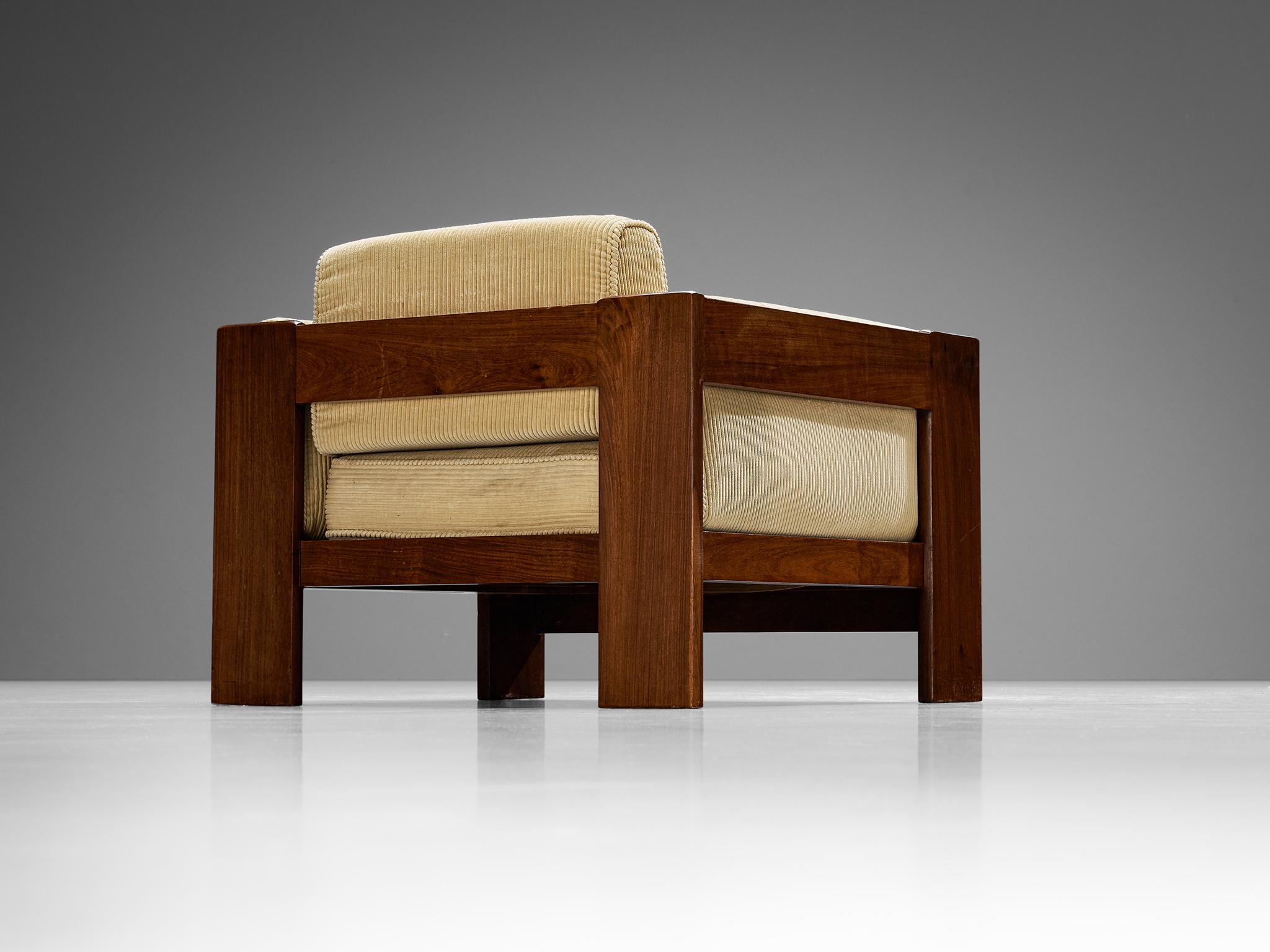 Velvet Italian Mid-Century Modern Lounge Chair in Walnut and Beige Corduroy