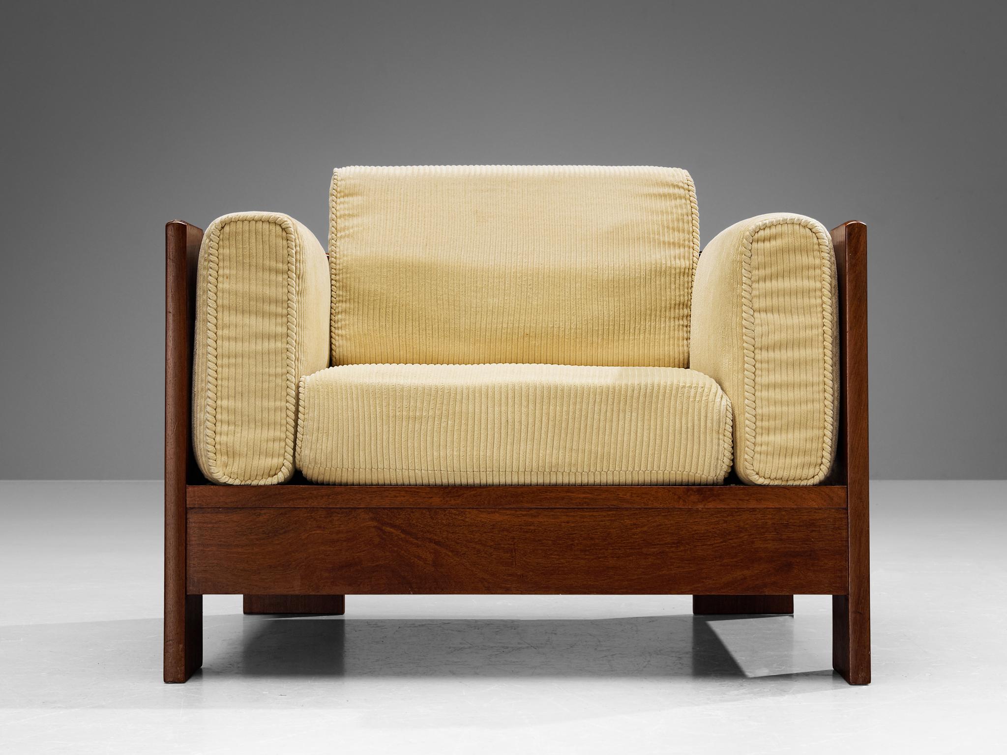 Italian Mid-Century Modern Lounge Chair in Walnut and Beige Corduroy 1